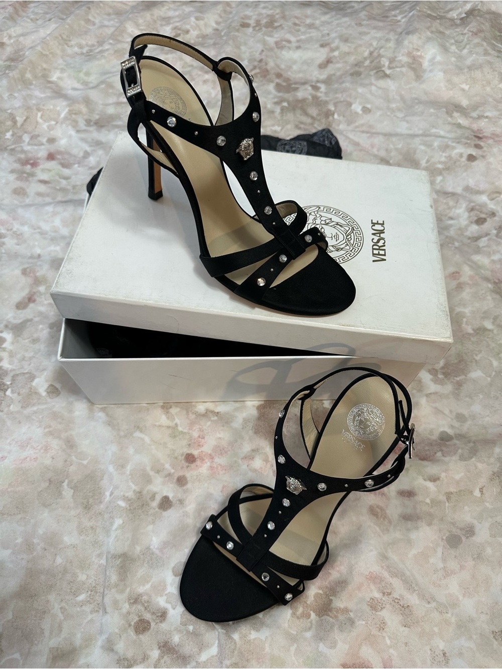Versace Black Studded T-Strap Stiletto Sandals